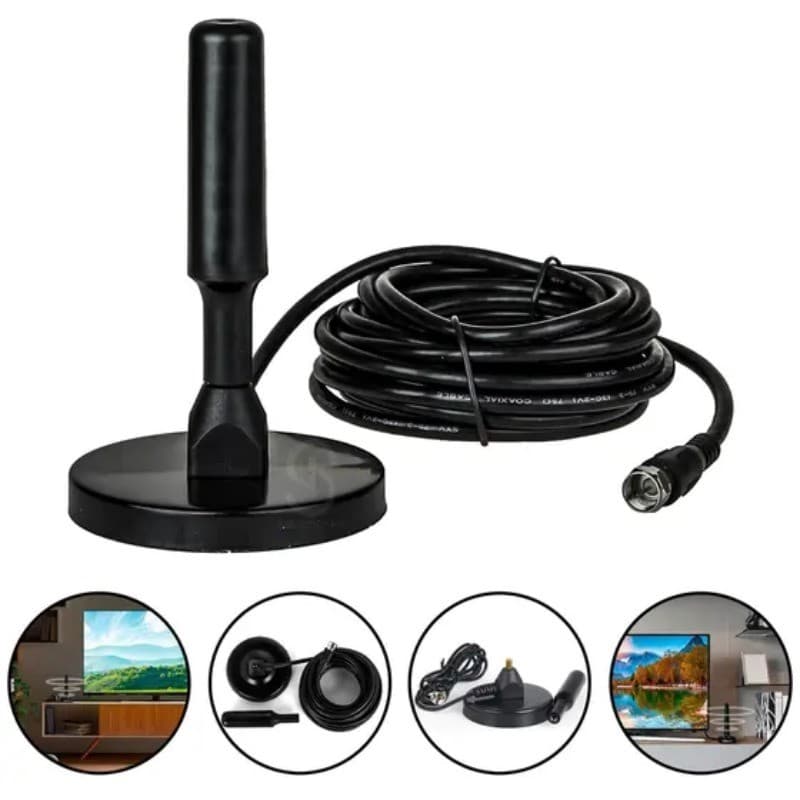Antena Digital Amplificada Interna e Externa 90cm-5 Metros Base Imã Prova d'água 4DBI HDTV/UHF/VHF