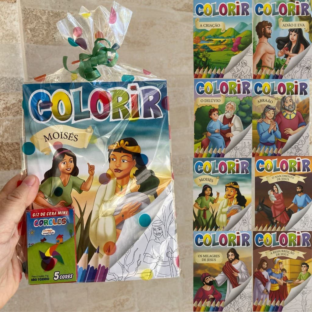 Livrinhos De Colorir Bíblico Infantil + Cxs Mini Giz Cera C/ Saquinho P/ Lembrancinha