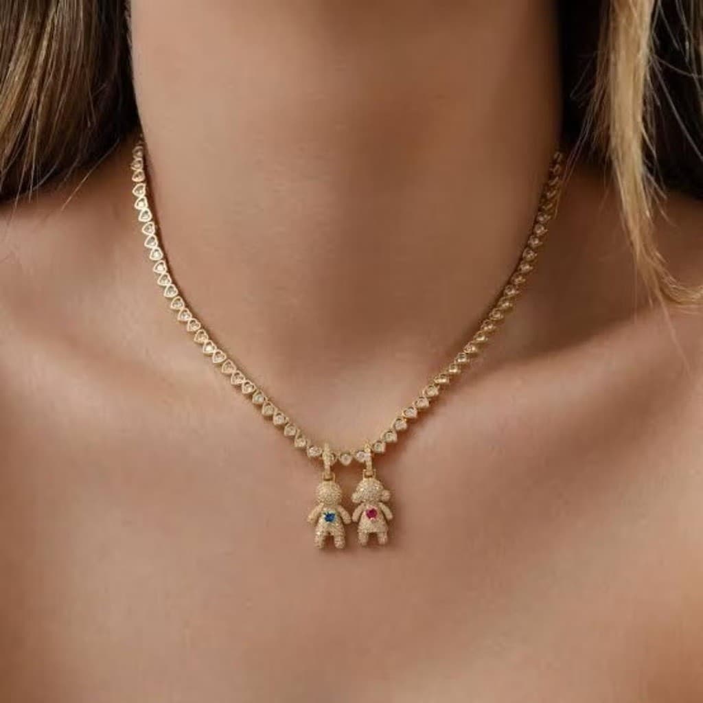 Colar Filhos Pingente Menino/Menina com Pedras Feminino  Ouro 18k