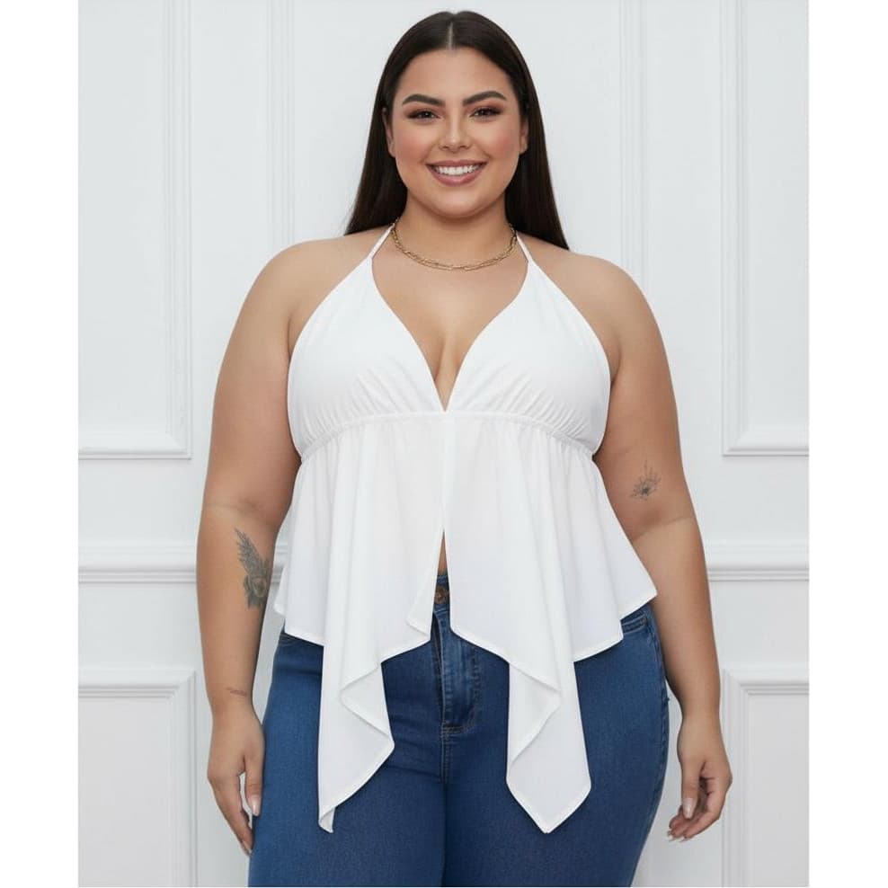 Top Malibu Cropped Feminino Babado  Boho Chic  Com Bojo Costa Nua Plus Size Blusinha Babado