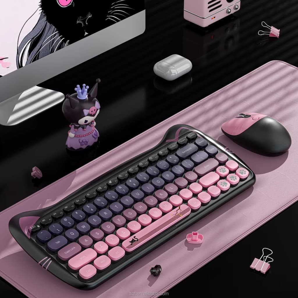 Teclado e Mouse Laser Gamer Macaron Sem Fio Hello Orelha de Gatinho Combinação Colorida DKL