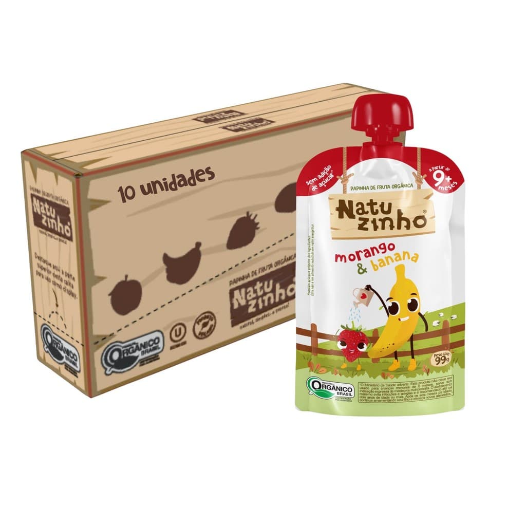 Kit Papinha Organica Natuzinho Morango Banana Bebe 10 unid