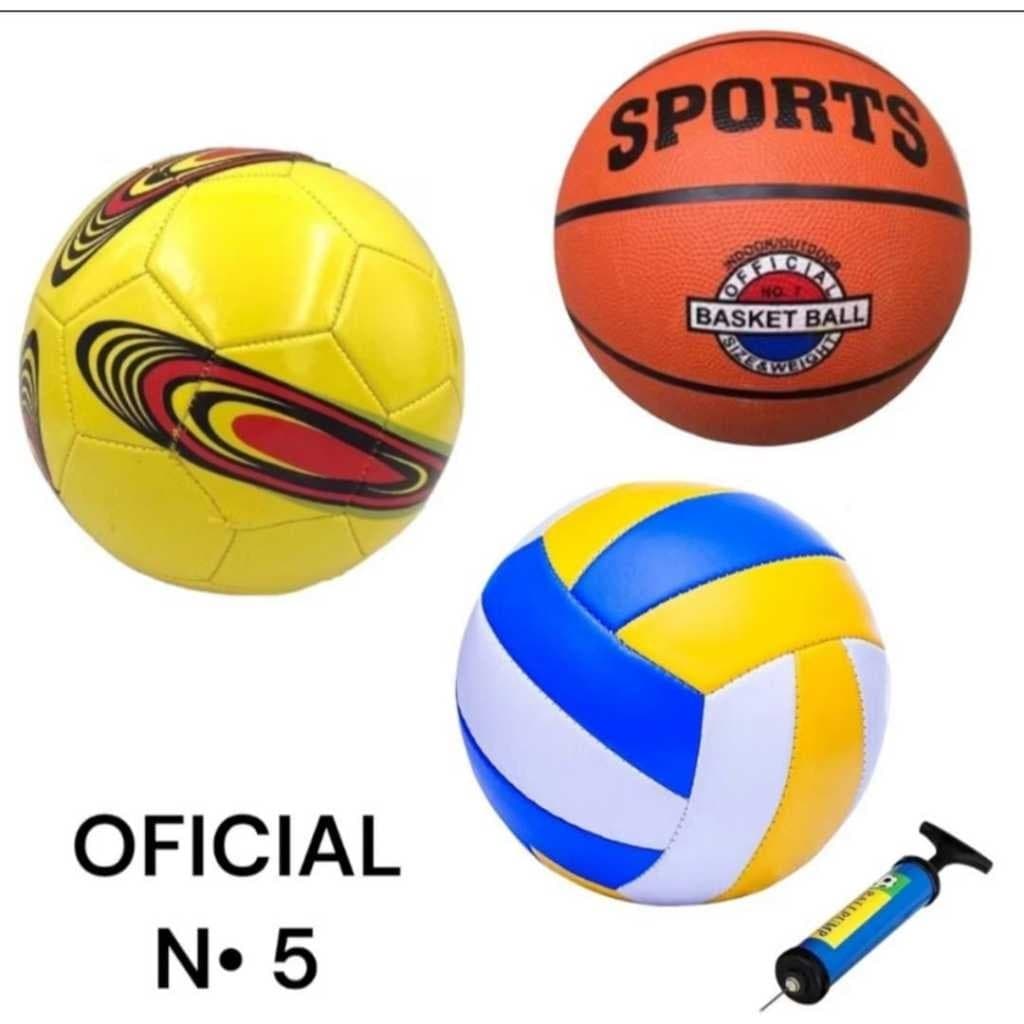 Kit com Bola de Futebol, Bola de Vôlei e Bola de Basquete + Bomba – Ideal para Praia, Quadra, Campo, Society e Futsal
