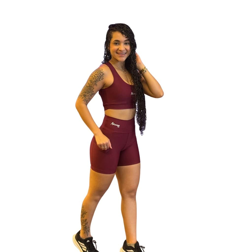 Conjunto de Academia Feminino Fitness Short com Bolso Top Com Recorte Zero Transp com Cintura Alta