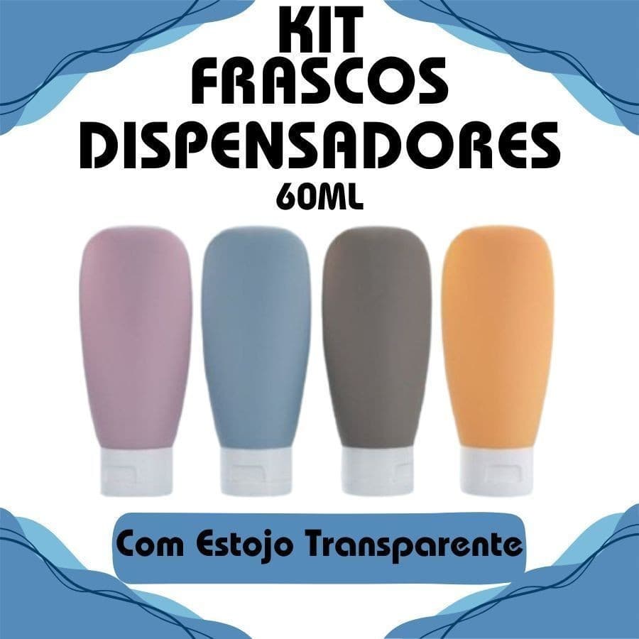 Kit 4 ou 3 Frascos 60ML Plástico Com Estojo Transparente Útil Para Viagens Dispensador