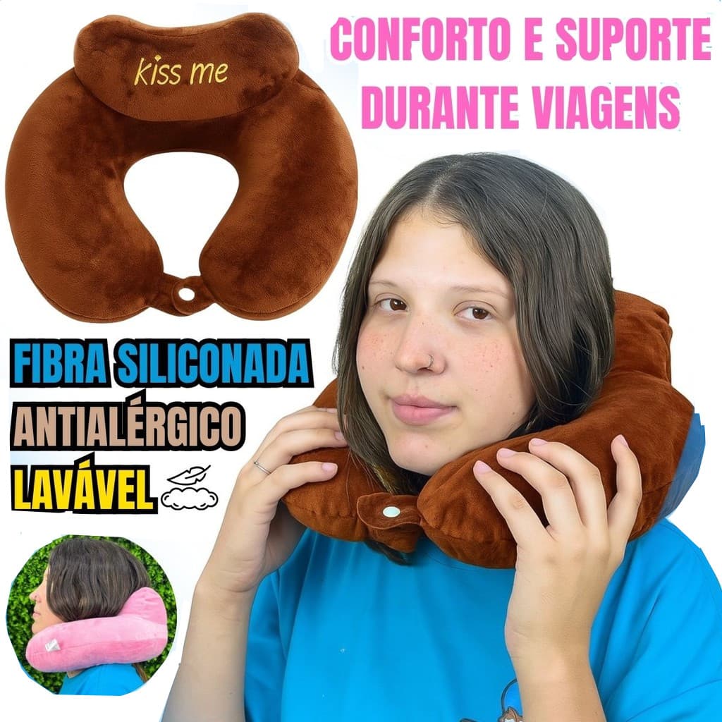 Almofada de Pescoço Kiss Me p/ Viagem – Conforto, Zíper e Fácil de Lavar