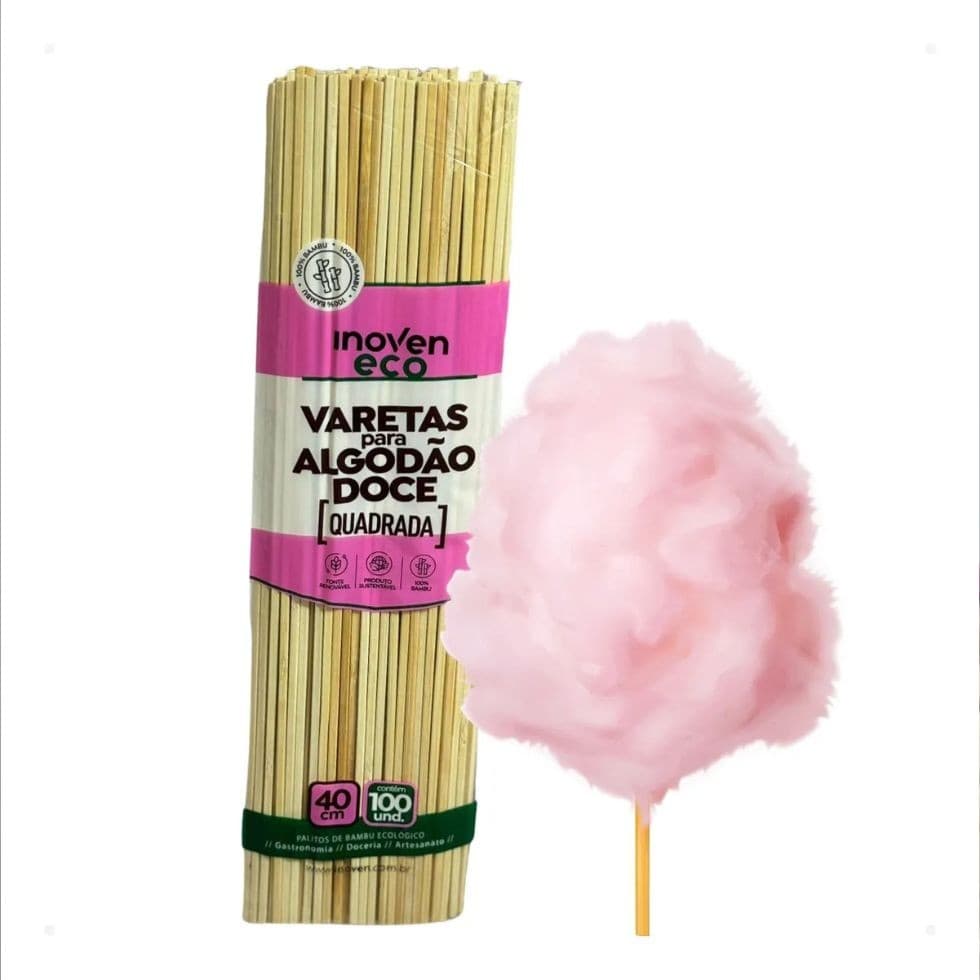 100un Palito para Algodão Doce Quadrado 40cm Inoven