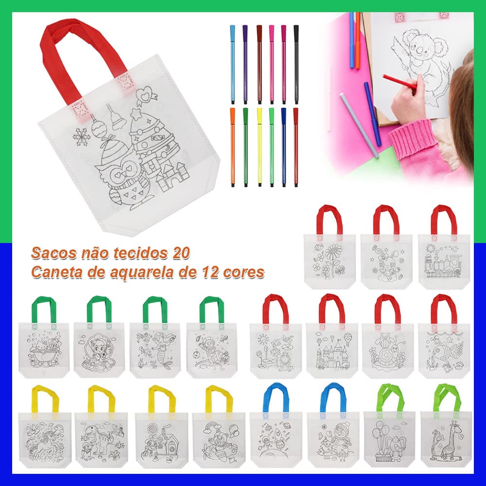20 peças de sacos de guloseimas para colorir com 12 marcadores, bolsa reutilizável não tecida de desenho animado