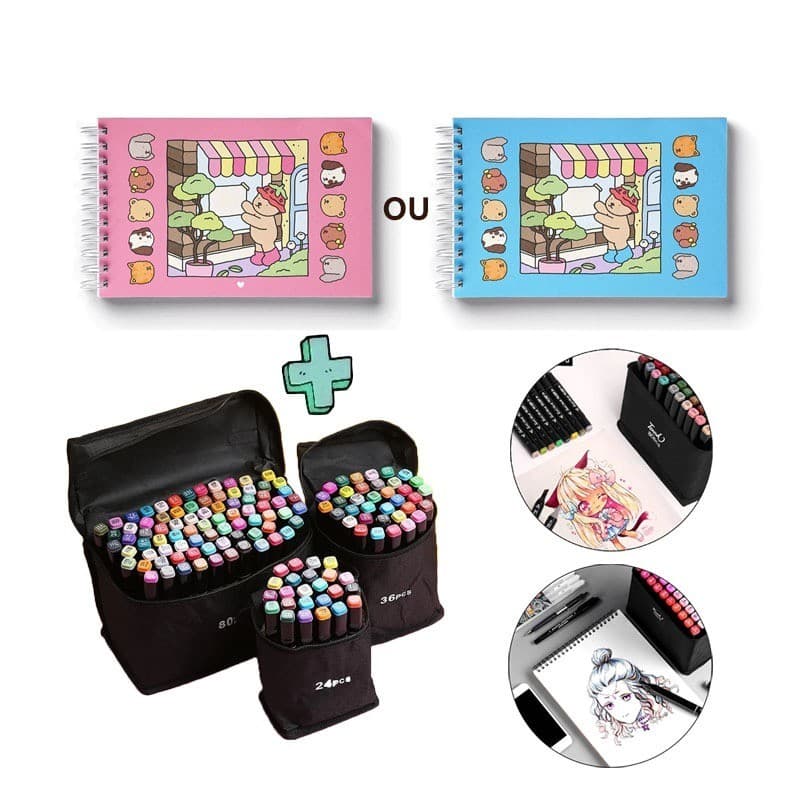 Um caderno de colorir e desenho de 50 páginas + um kit de canetinhas coloridas com 24/36/48/60/80 cores.