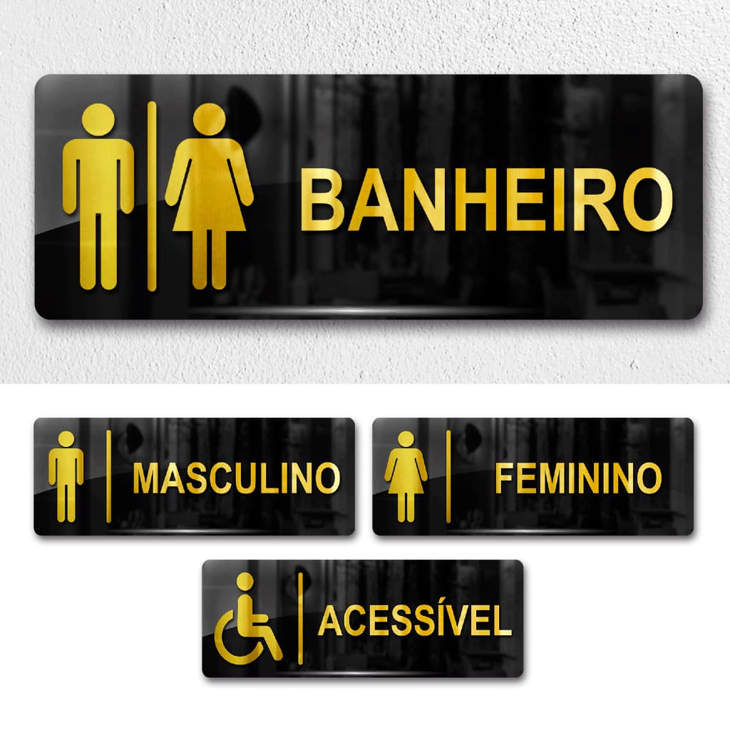 Placa Sinalização Banheiros WC Kit 1/2/3/4 und - Acrílico Espelhado - Feminino, Masculino, Acessível