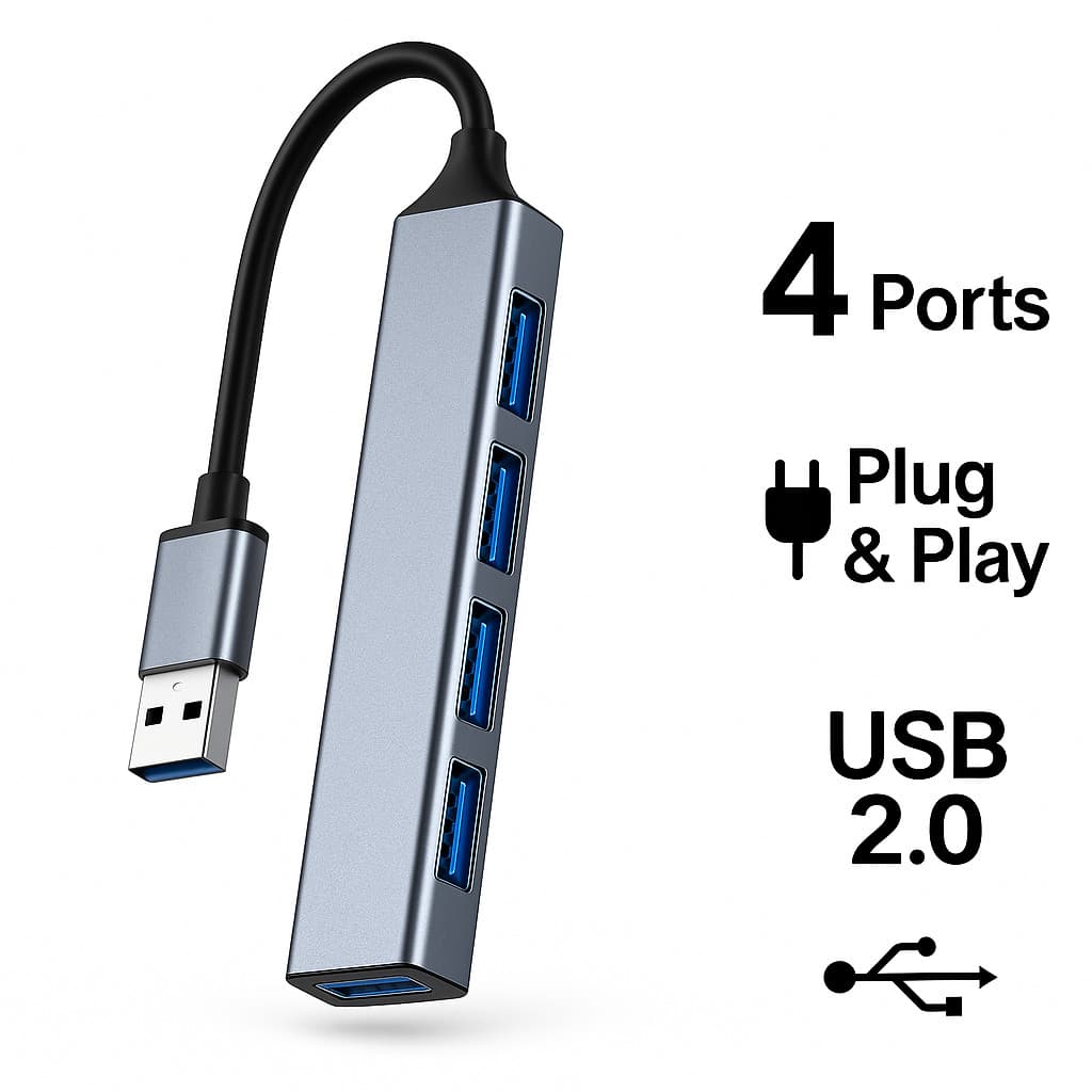 Hub USB 4 em 1 Alumínio Portátil – 4 Portas USB 2.0, Plug & Play para Notebook e PC