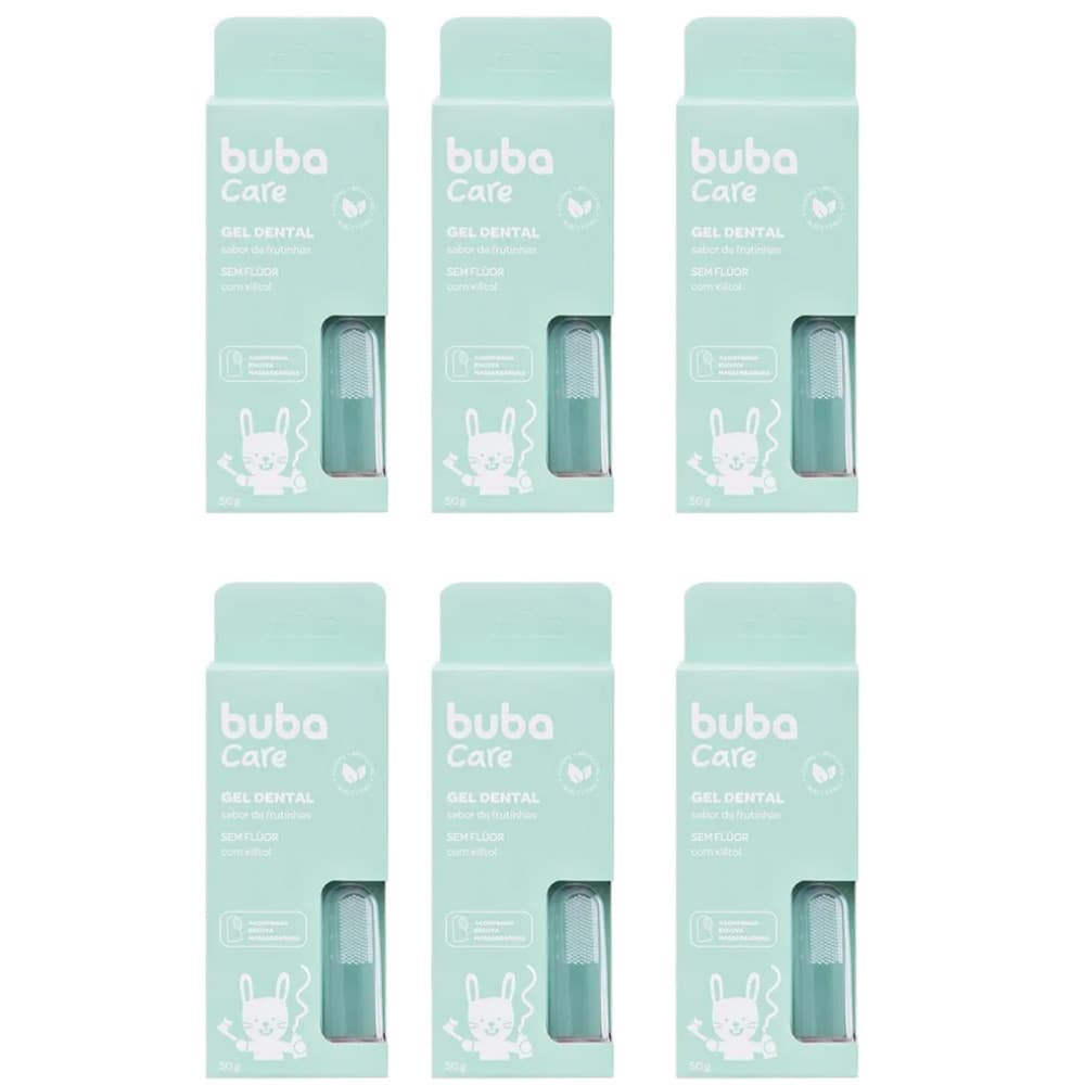 KIT C/ 6UN GEL DENTAL BUBA CARE SEM FLÚOR ACOMPANHA ESCOVA MASSAGEADORA