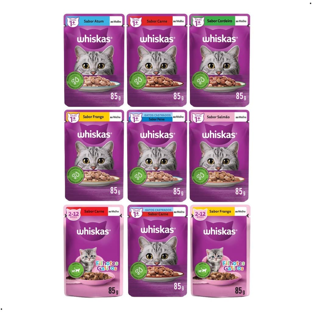 Kit 20 unidades 85g Sachê Whiskas Gatos Adultos Filhotes Castrados Alimento Úmido Ração Úmida Gato