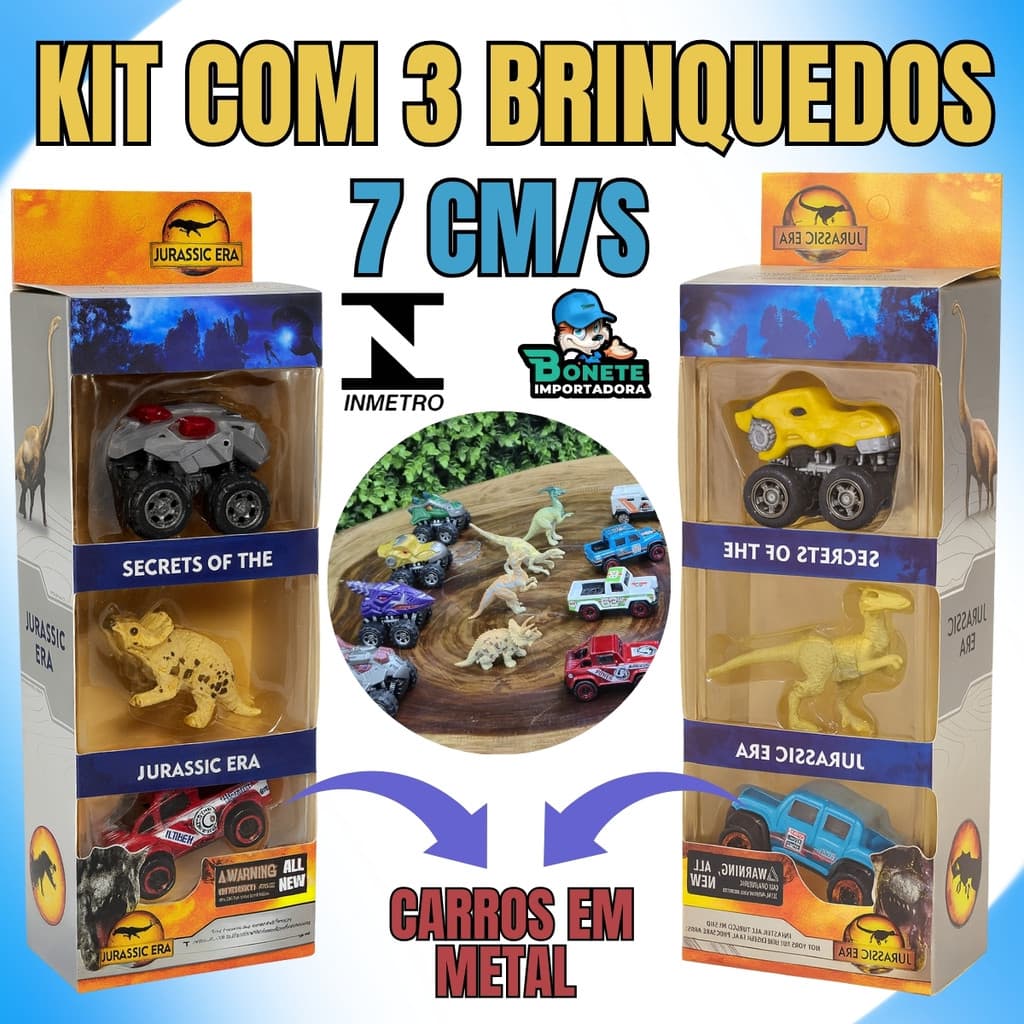 Dinossauro com 2 Carrinhos de Metal – Kit Brinquedo Seguro