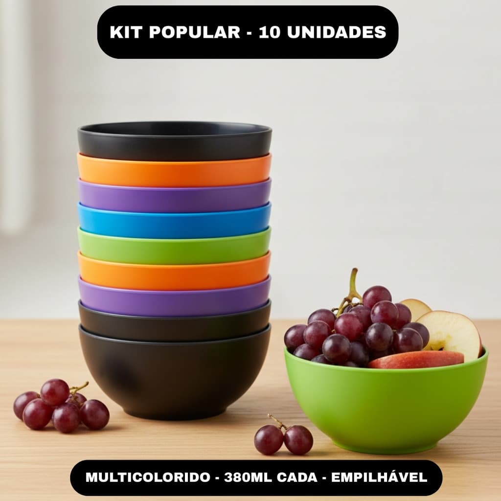 KIT 10 POTES BOWL COZINHA 380ML DE PLÁSTICO REDONDO COLORIDO TIGELAS SORVETE DOCE SALGADO AÇAI