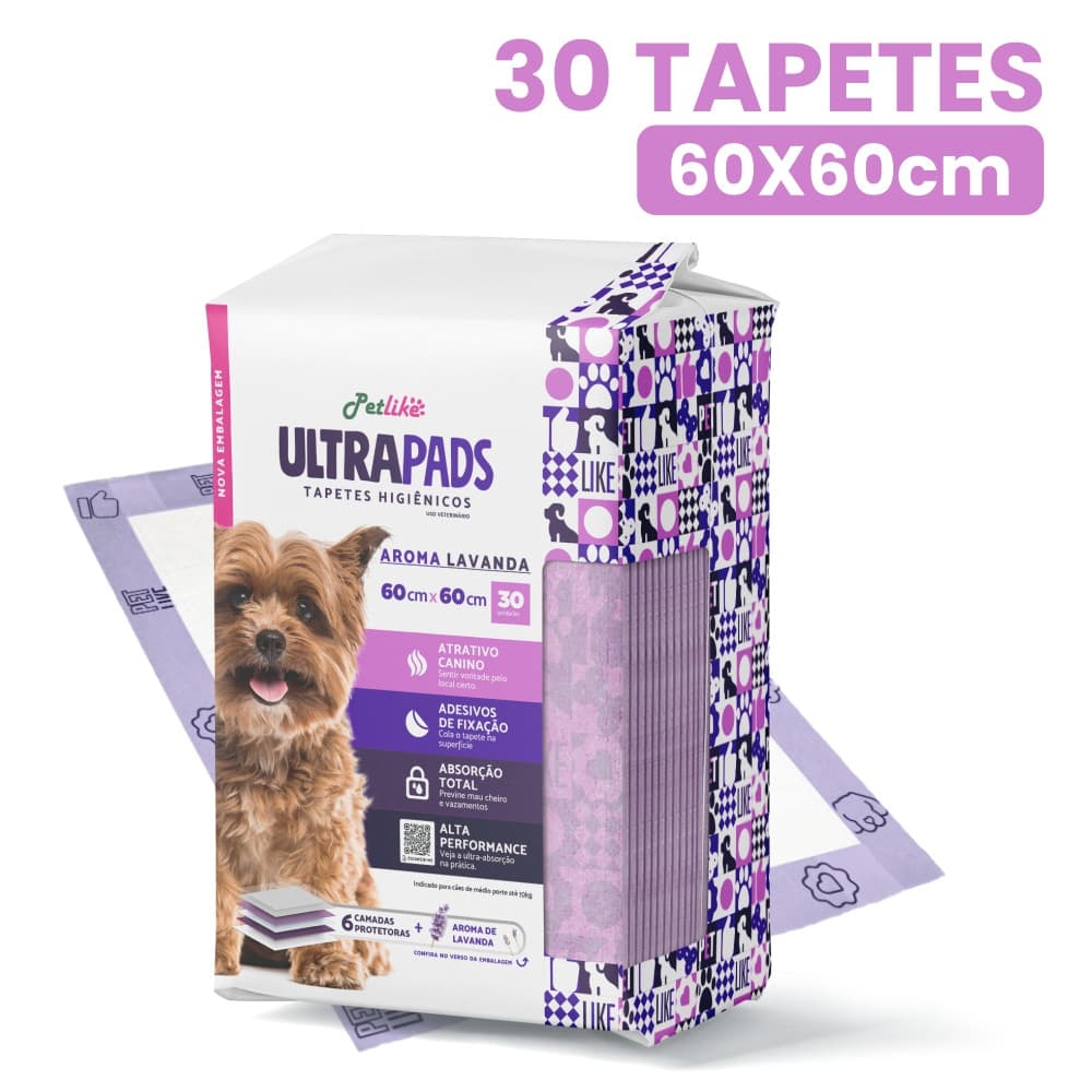 Tapete Higiênico Para Cães e Gatos Ultra Pads 30 unidades 60x60cm Aroma Lavanda Alta Absorção