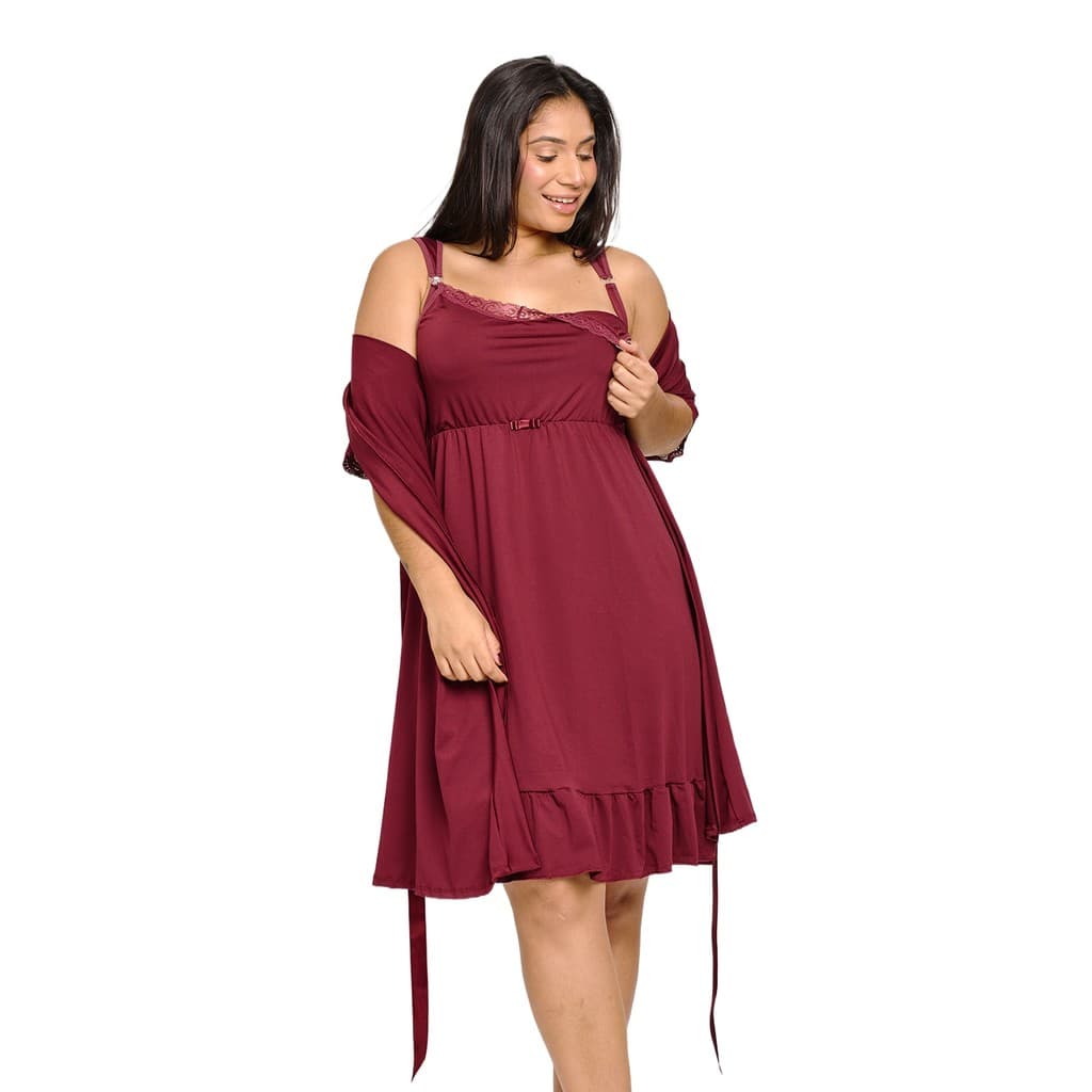 Conjunto Gestante Camisola Amamentação mais Robe Microfibra e Renda 184.811