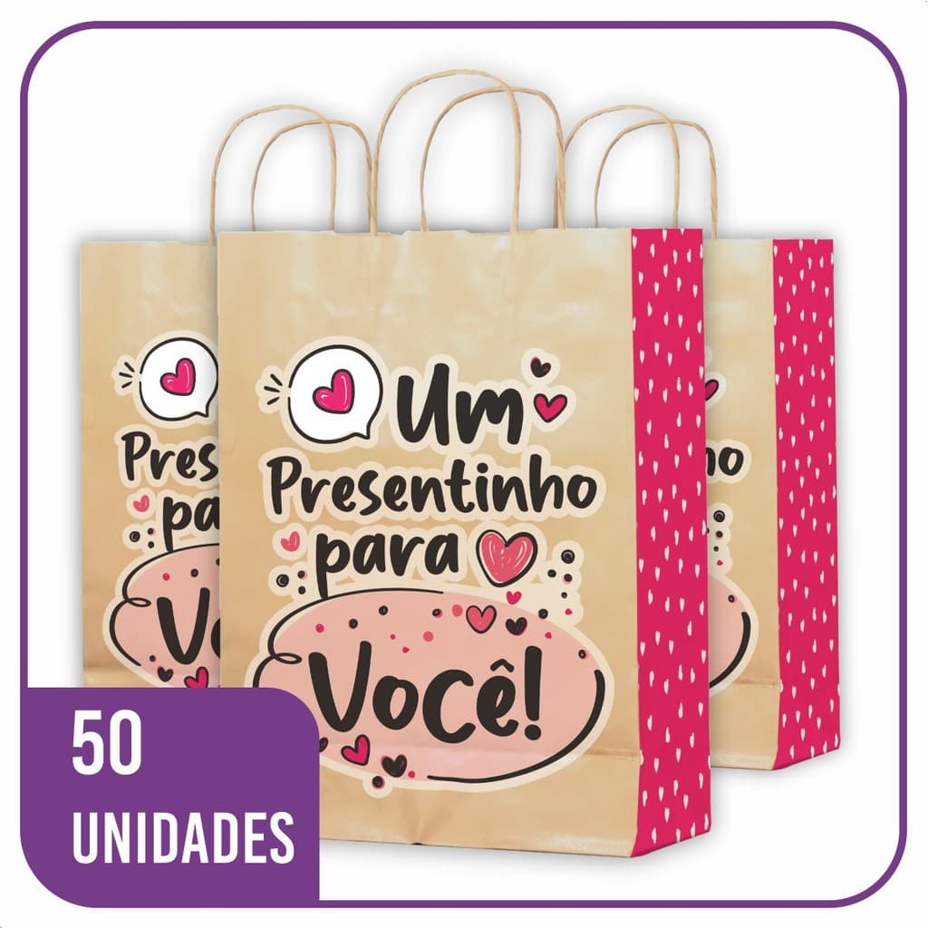 Sacola Kraft Presentinho para Você 50 Unidades - PP (18x10x25)