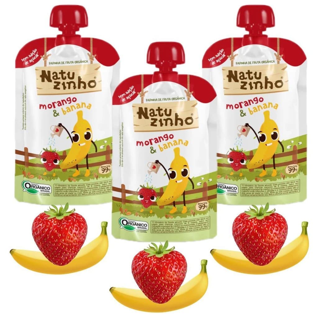 3 Papinha Morango e Banana para Bebe +6 Sem Açúcar Natuzinho 99g