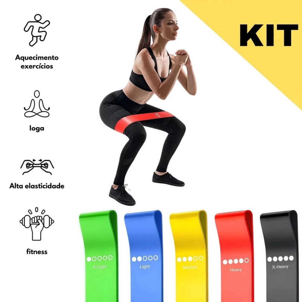 Kit 5 Faixas Elástica De Resistência Para Yoga Pilates Treino Academia
