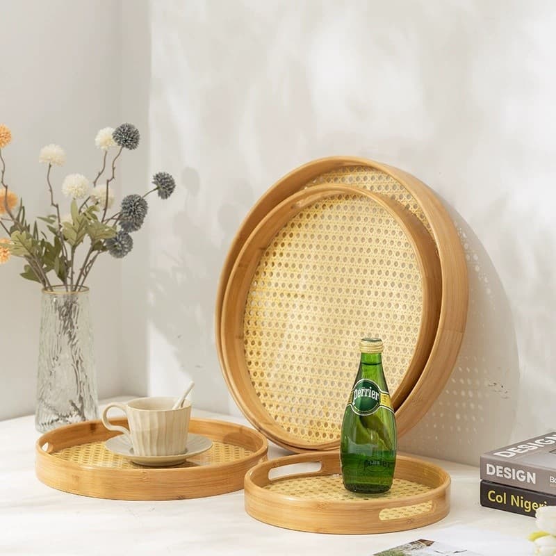Bandeja de Bambu Redonda Japonesa para Xícaras, Talheres, Frutas e Vinho