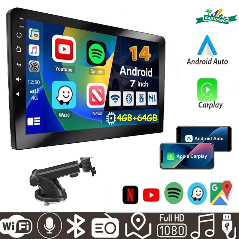 Equipamento Multimídia Carro: Tela Touch 7   Polegadas Android Auto,  CarPlay Sem Fio, Câmera e Bluetooth &FM 