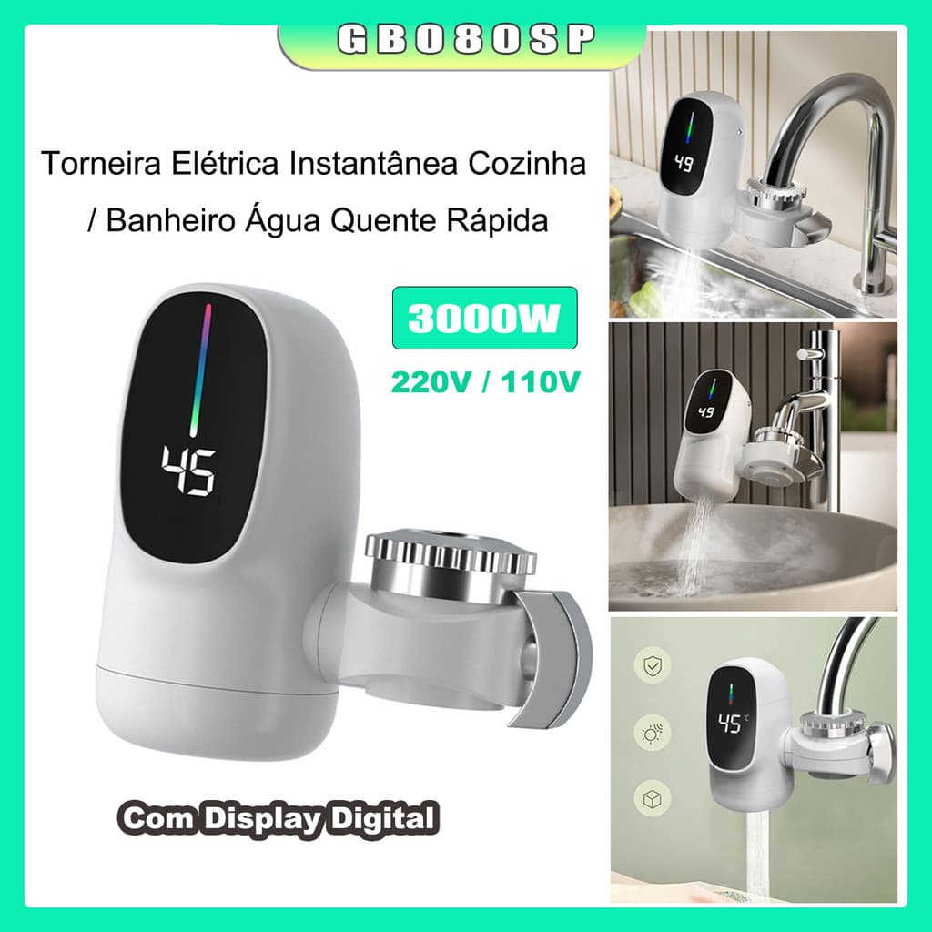 Torneira Elétrica Instantânea Cozinha Banheiro Água Quente Rápida Com Display Digital 3000W 220V / 110V