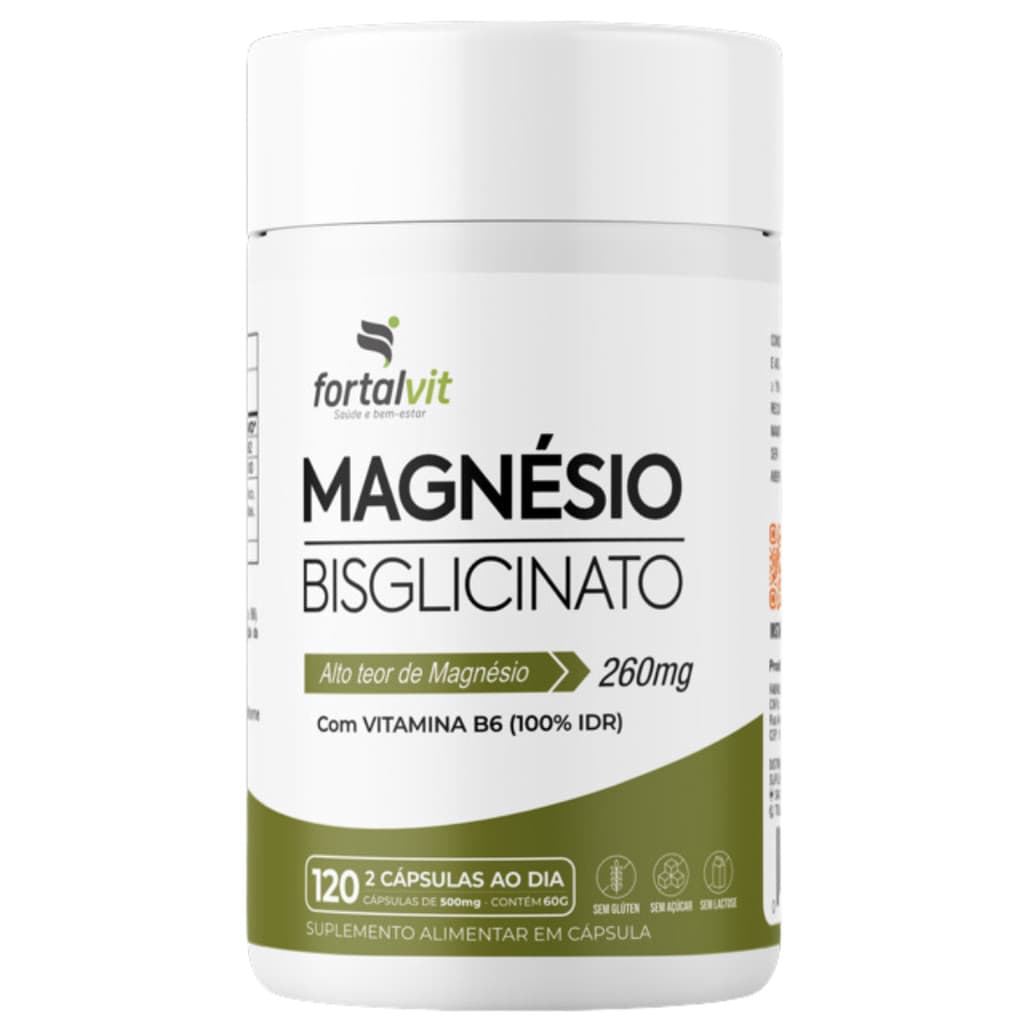 Magnésio Bisglicinato Longa Duração: 2 Meses de Uso, 260mg Magnésio + Vitamina B6, 120 Cápsulas, Fortalvit