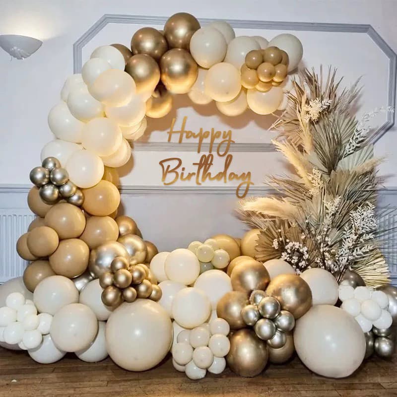 Balão de aniversário kit com 185 balões - Bege + Branco + Dourado para decoração de Festas.