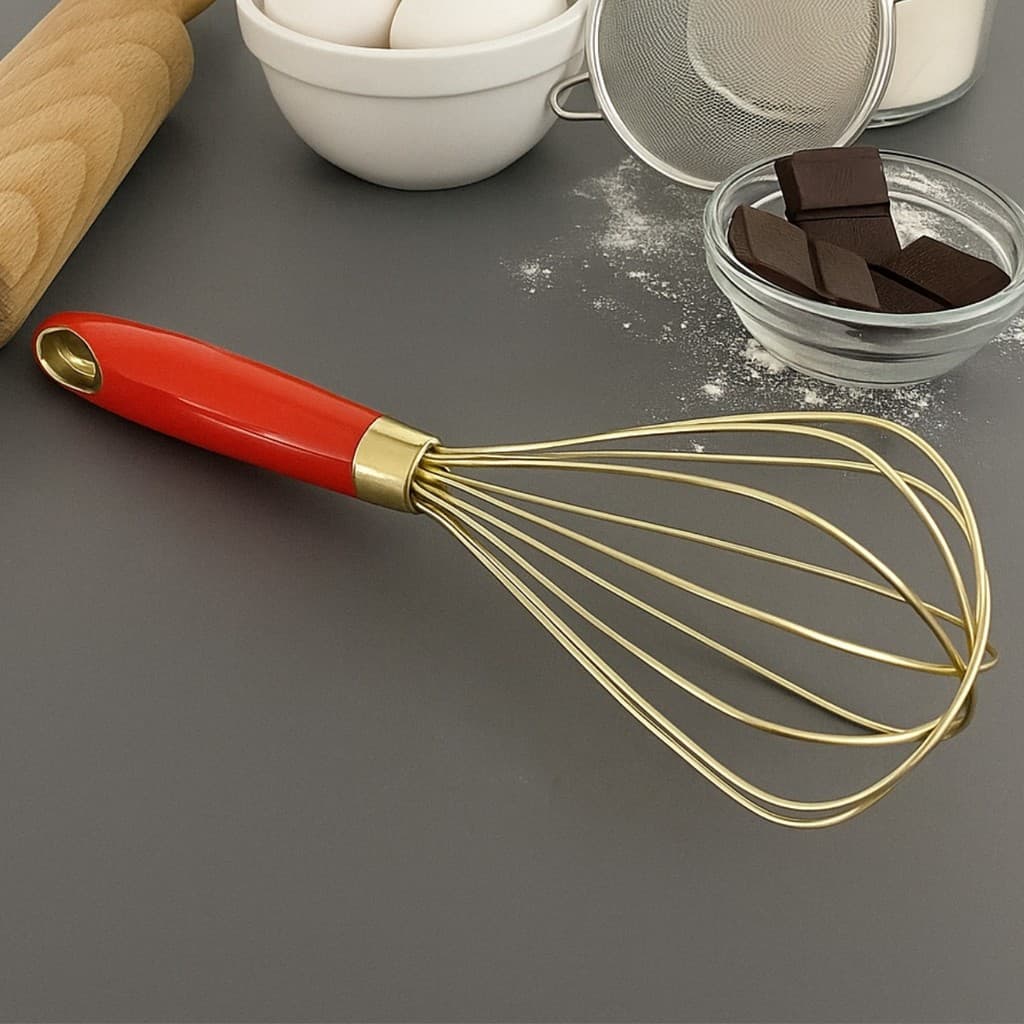 Batedor Fouet 32cm Profissional Dourado De Ovos e Massas Cabo Reforçado
