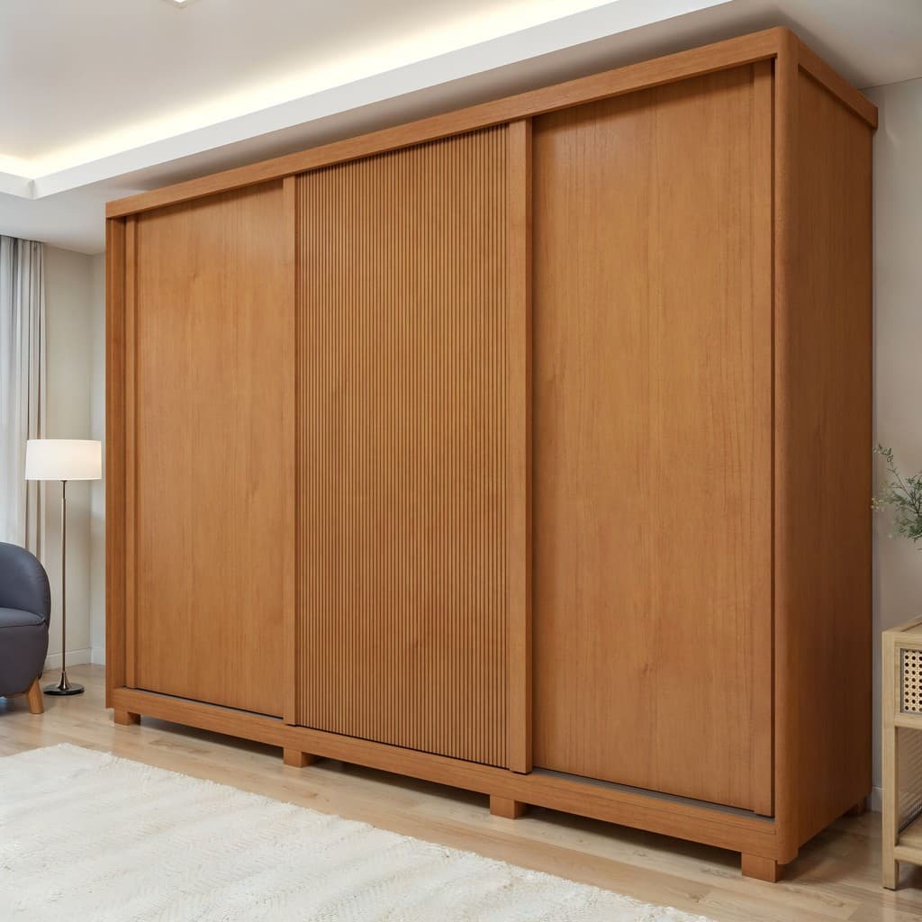 Guarda Roupa  Ollie 3 Portas 6 Gavetas 6 Prateleiras 100% MDF com Pés Amêndoa Clean/Off White/Amêndoa Clean