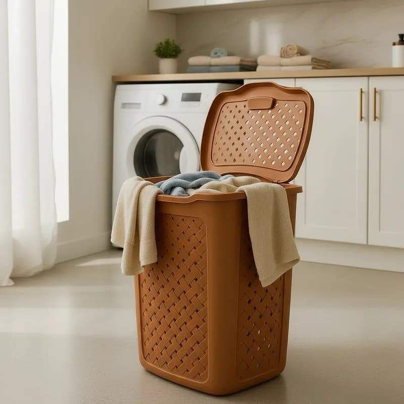 Cesto de Roupa 45L Plástico Reforçado Rattan – Lavanderia e Banheiro Alça Resistente Marmorizado