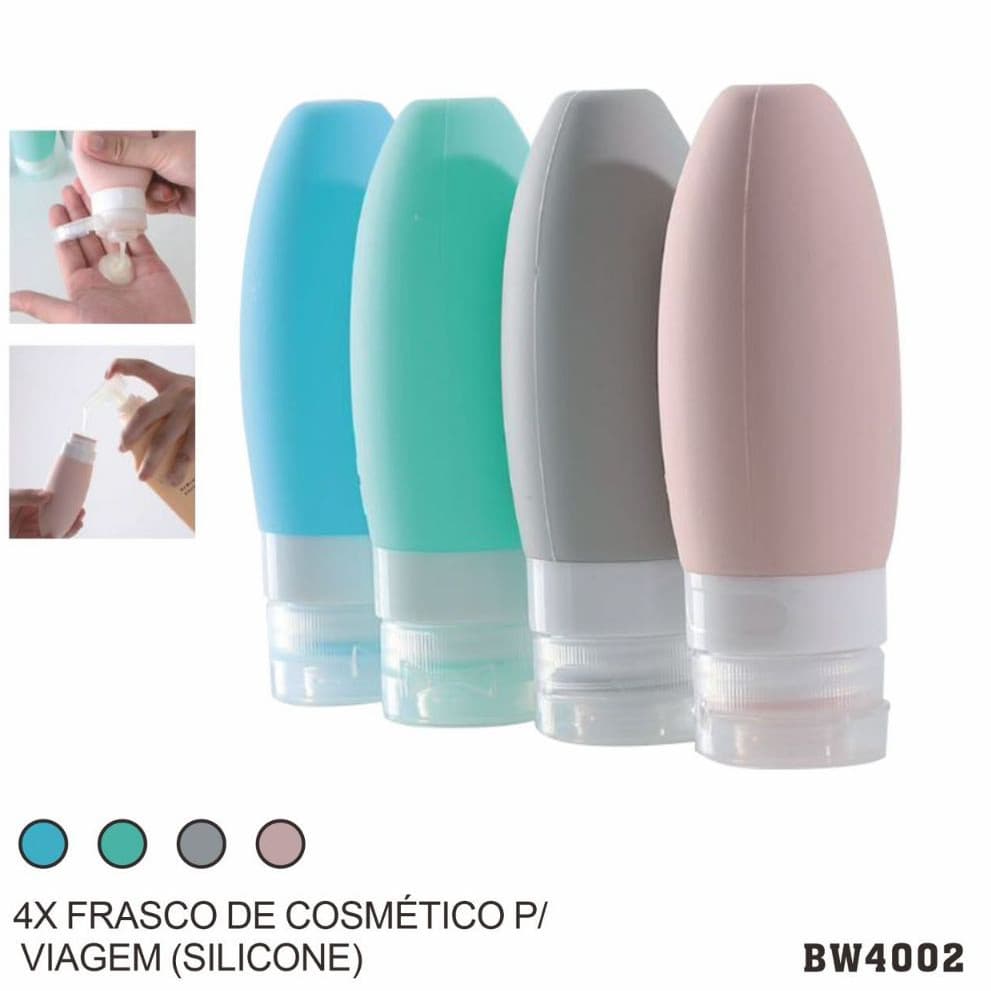 Kit 4 Frasco De Cosmetico 90ml Silicone Para Viagem Portatil Shampoo Creme Loçao Sabonete