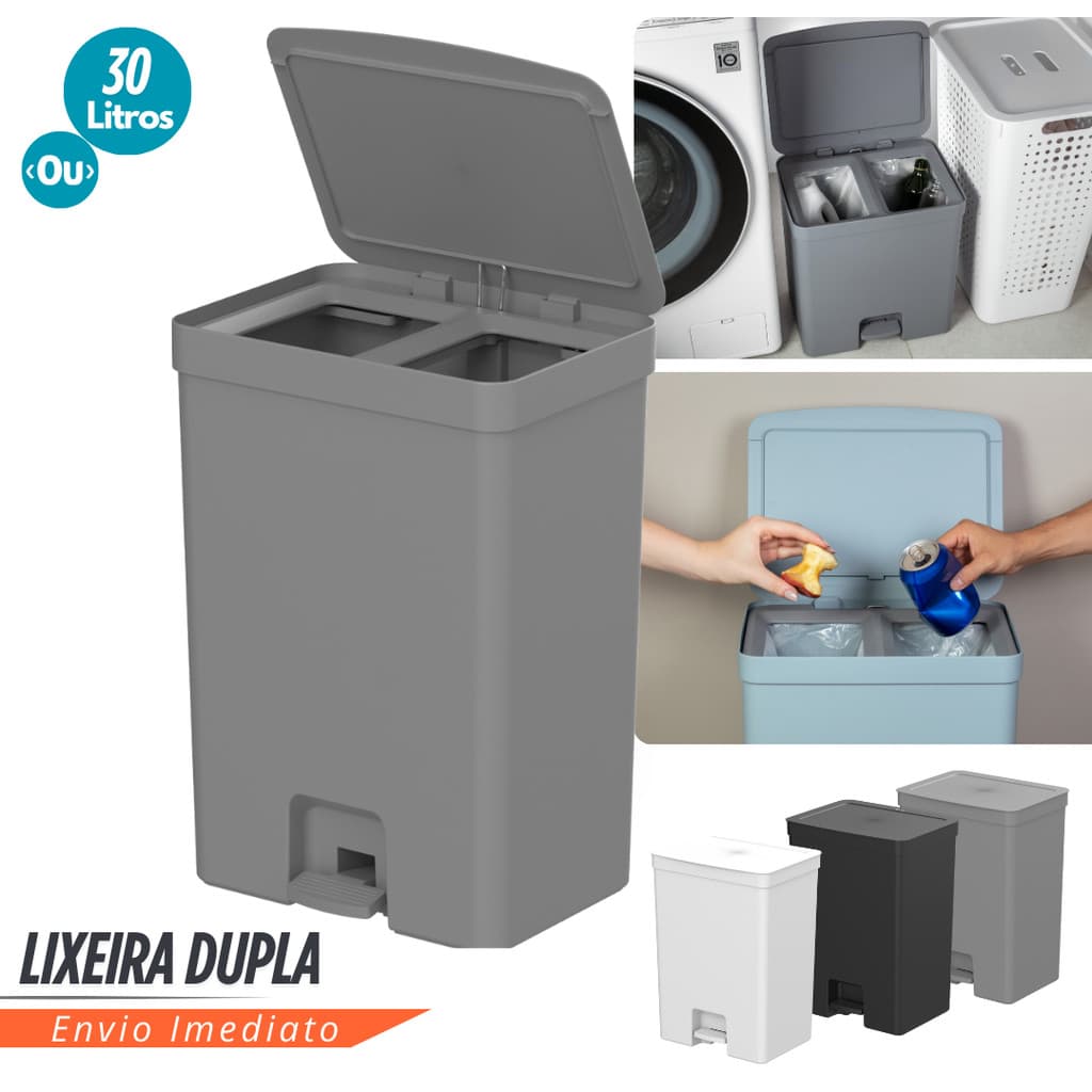 Lixeira de Pedal Trium 30L Duplo Compartimento Lixo Inteligente C/Sacos invisibilizados visual limpo