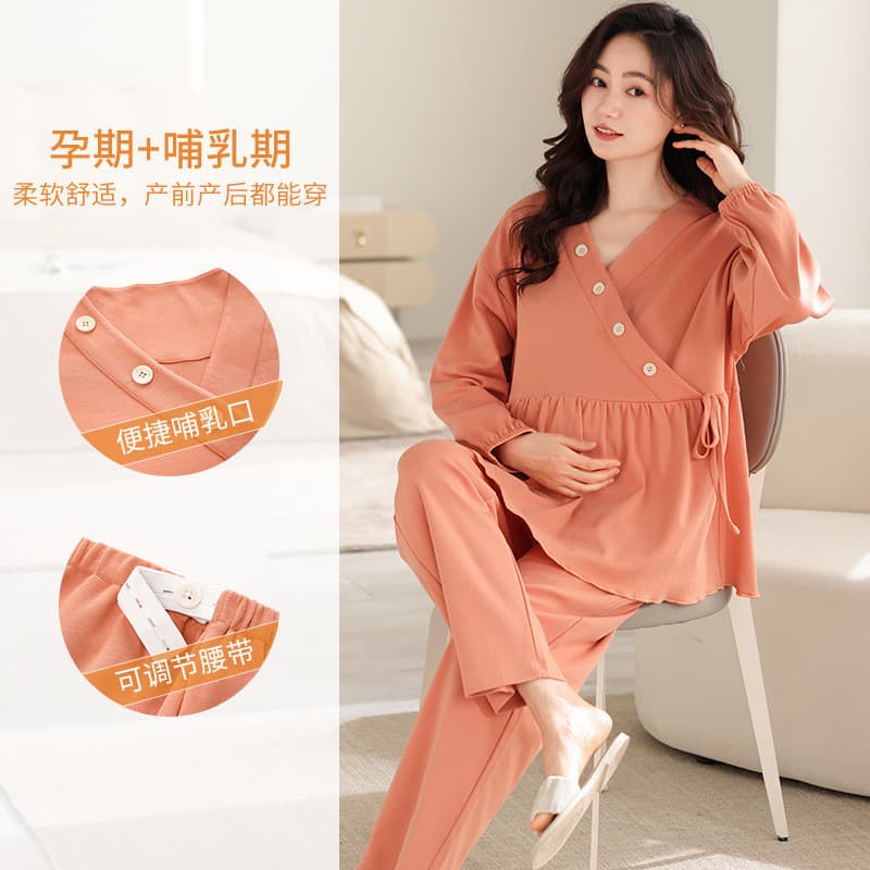 Xiyue atacado roupas de confinamento de cor sólida primavera outono maternidade quimono algodão conjunto de duas peças v