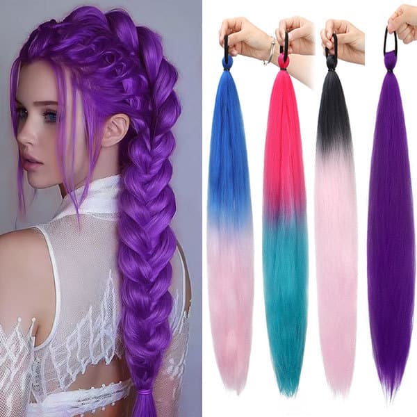 Extensão De Rabo De Cavalo Roxo Sintético Com Faixa De Borracha Longa Reta DIY Trançado Acessórios De Cabelo Femininos