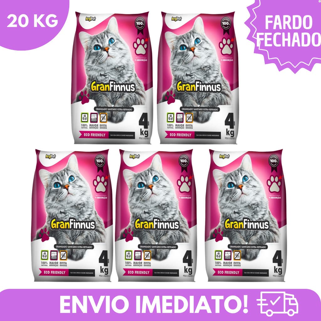 Kit 5 Areia Sanitária Higiênica Premium Argila Natural Gatos Fina Granfinnus 20 kg Argipet Mimo Cat