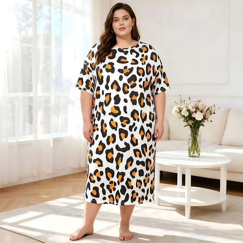 [Camiseta noturna de tamanho grande] Pijama grande com estampa de leopardo feminino Plus size vestido Casual de verão
