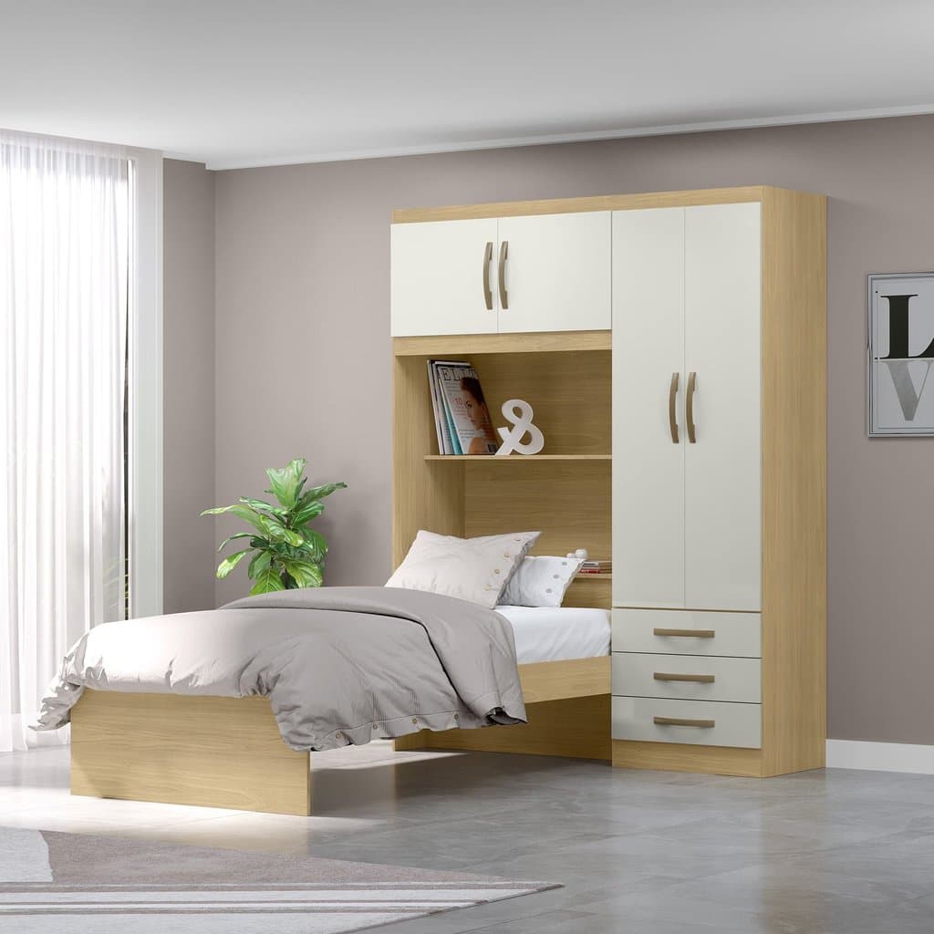 Guarda-roupa Infantil com Cama 4 Portas 3 Gavetas Lisboa Espresso Móveis Off White/Castanho
