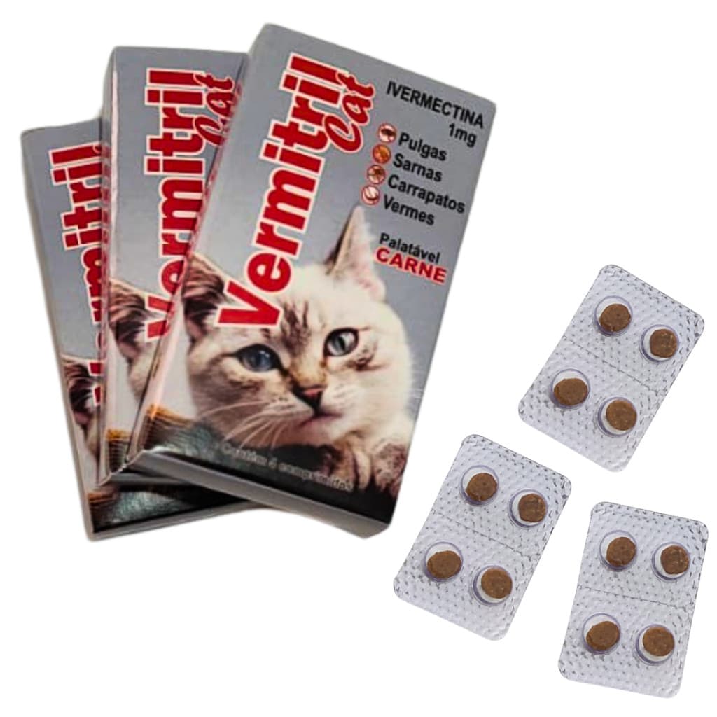 12 Comprimidos Anti Vermes, Carrapatos, Pulgas E Sarnas Para Gatos - Mastigáveis Sabor Carne