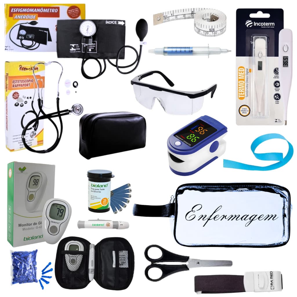 Super Kit Enfermagem Aparelho de Pressão + Estetoscópio Premium Completo + Oximetro + Nécessaire