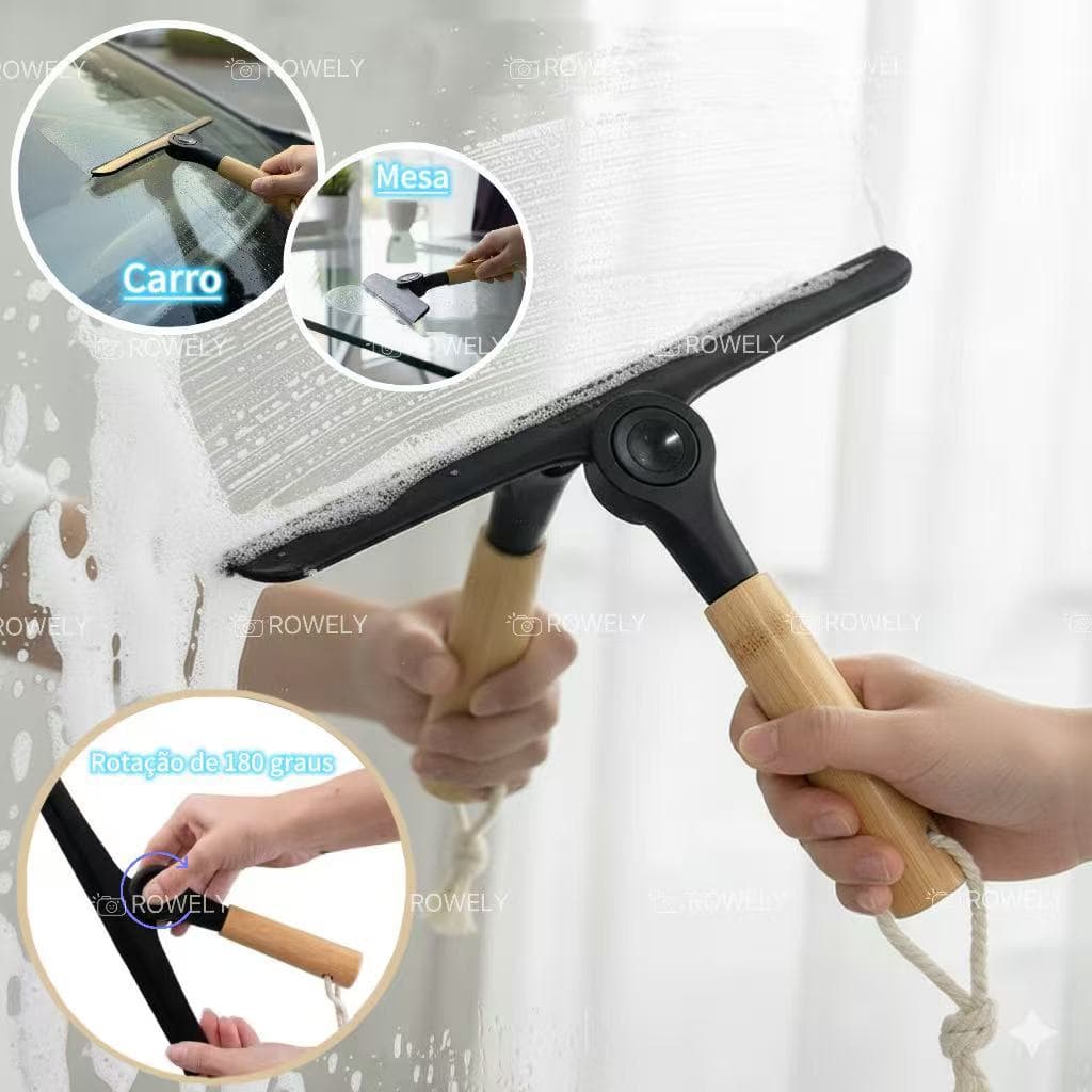 Rodo de Limpeza de Silicone com Cabo de Madeira 360° para Banheiro, Vidros e Carro