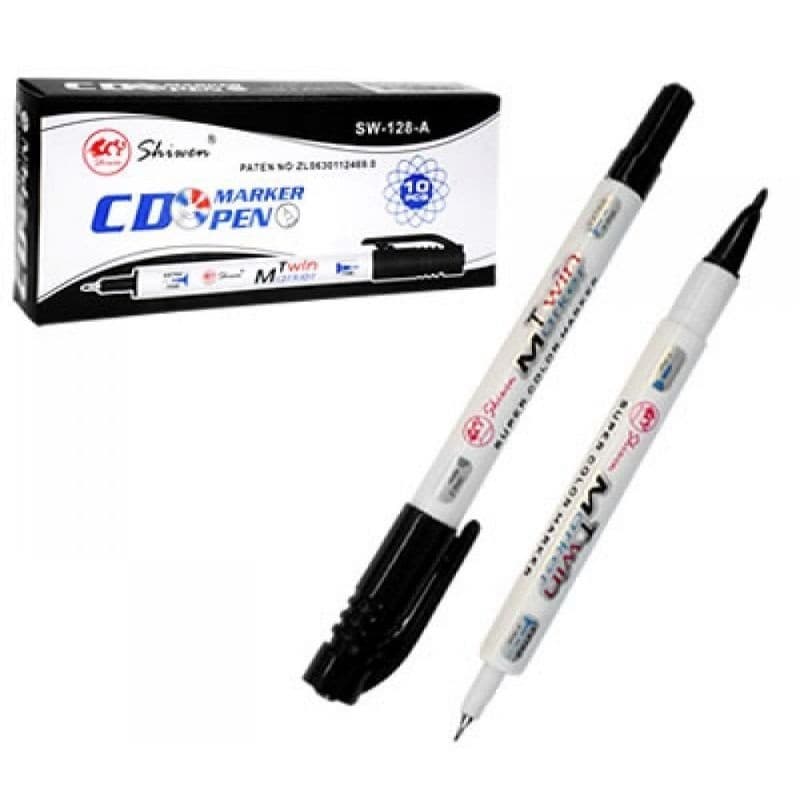 Caixa com 10 caneta permanente marca CD, DVD, plástico, acrílico, piso e  madeira disponíveis nas cores azul e preta