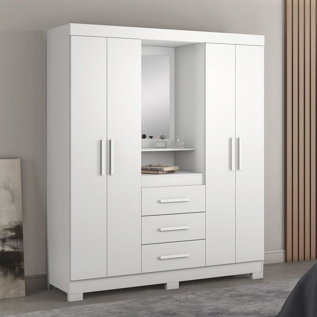 Guarda Roupa Casal com Espelho 4 Portas 3 Gavetas e Nicho Capelinha  Branco New/Rosa