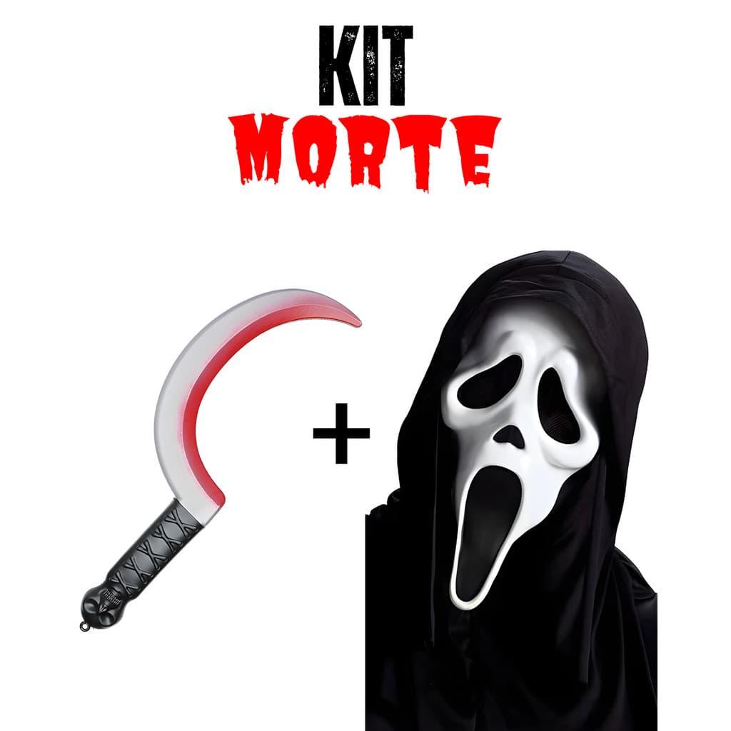 Kit Morte Assustador Mascara Ghostface + Foice Com Sangue Fantasia Terror Cosplay Halloween