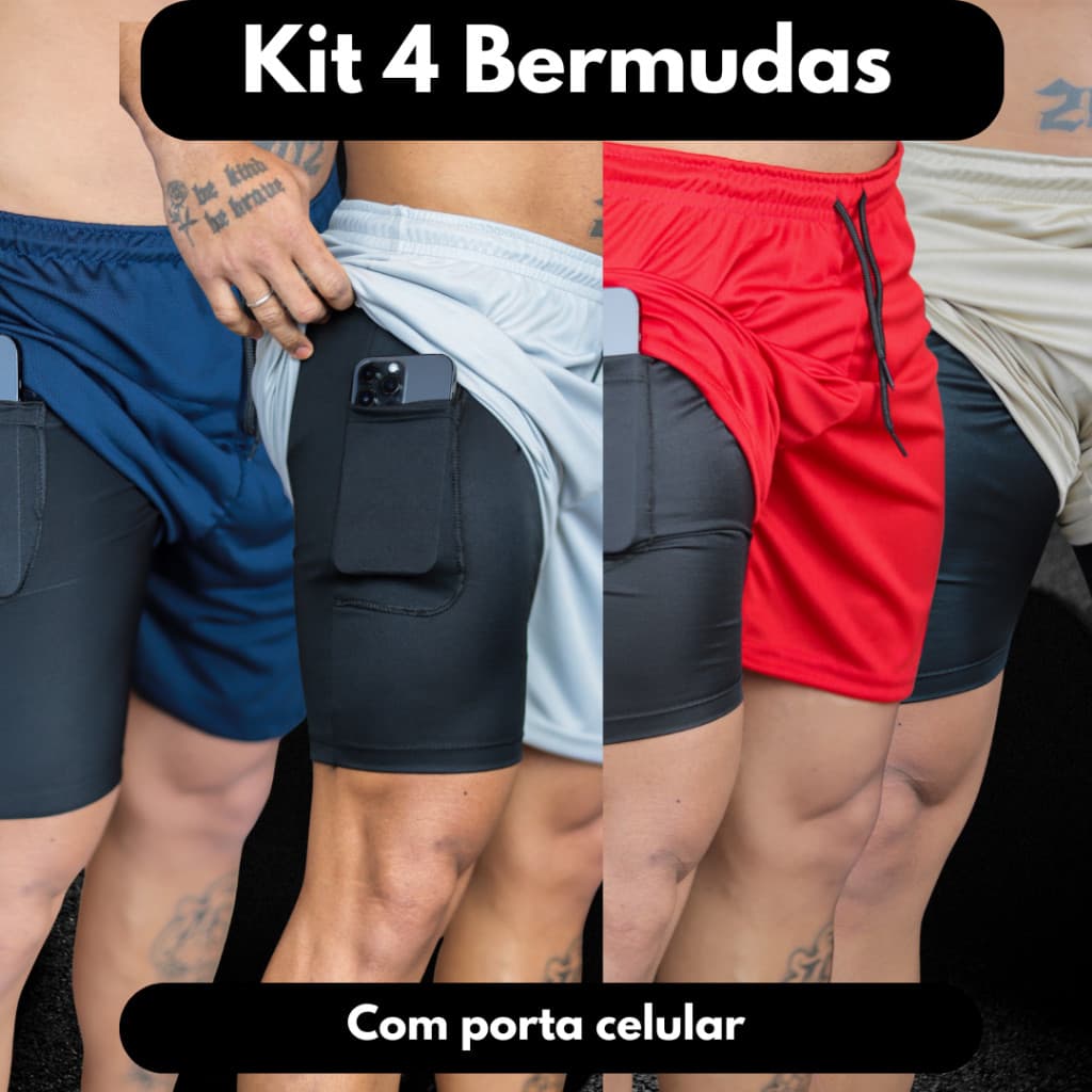 Kit 4 Bermudas 2 em 1 Academia Verão Fitness
