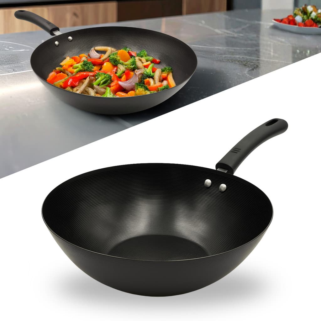 Frigideira Wok Antiaderente Tipo Chinesa Funda 30,5 Cm 3,5 Litros Aço Carbono Não Gruda