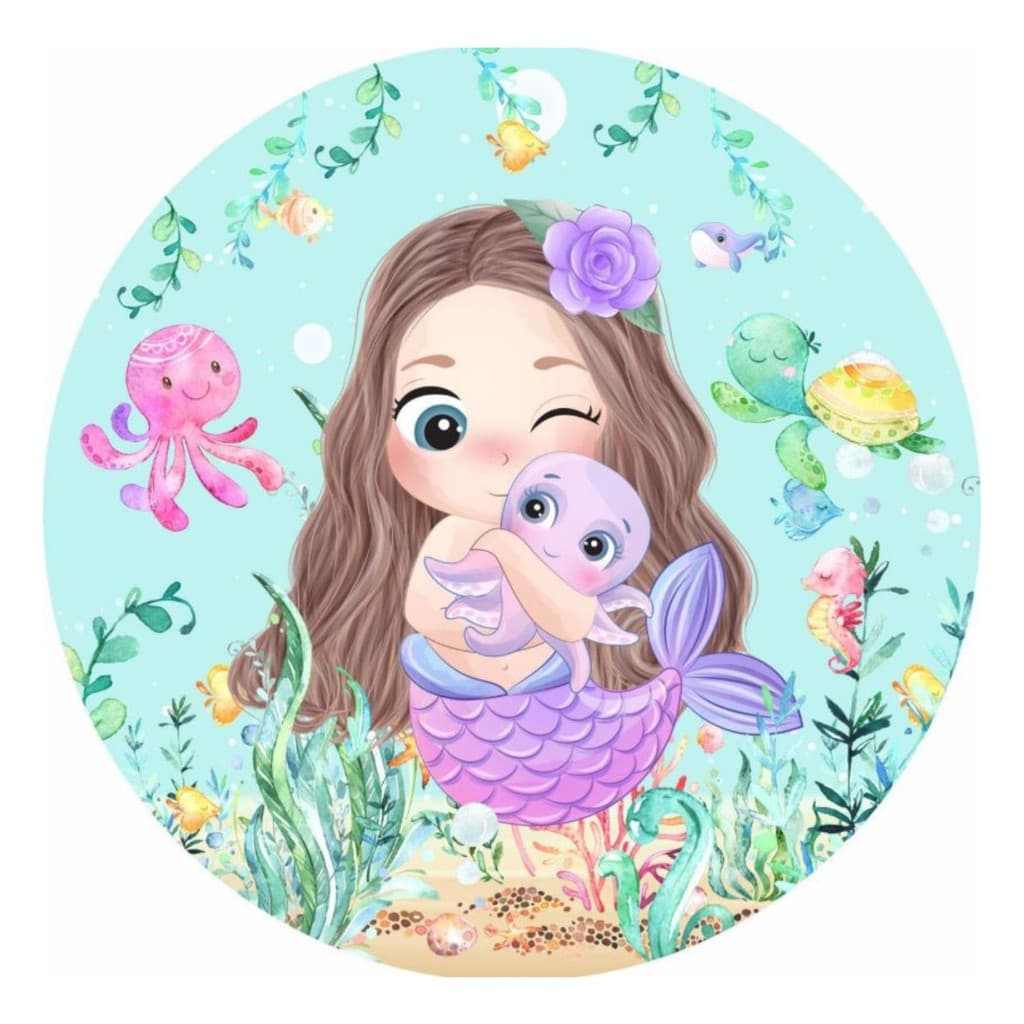 Capa Painel Redondo 150x150 Festa Sereia Cute 50x50 Aniversario Mar