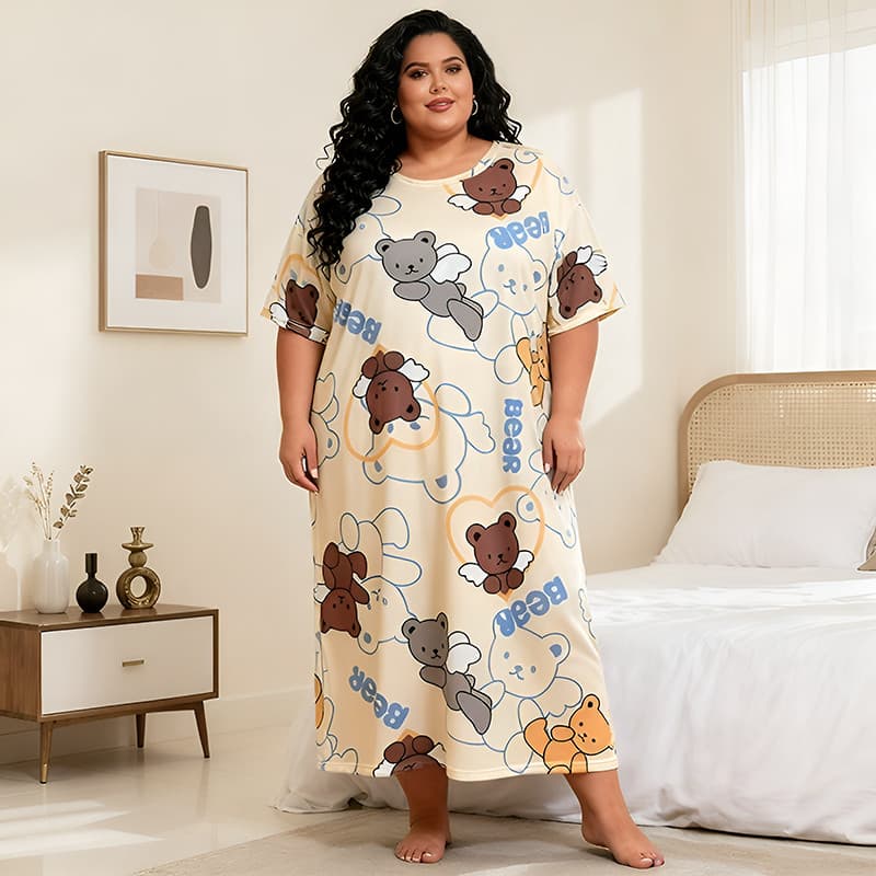 Vestido De Noite Grande (50-150kg) Verão Estilo Doce Estampa De Desenho Animado Pijama Plus Size Manga Curta Roupa De Do