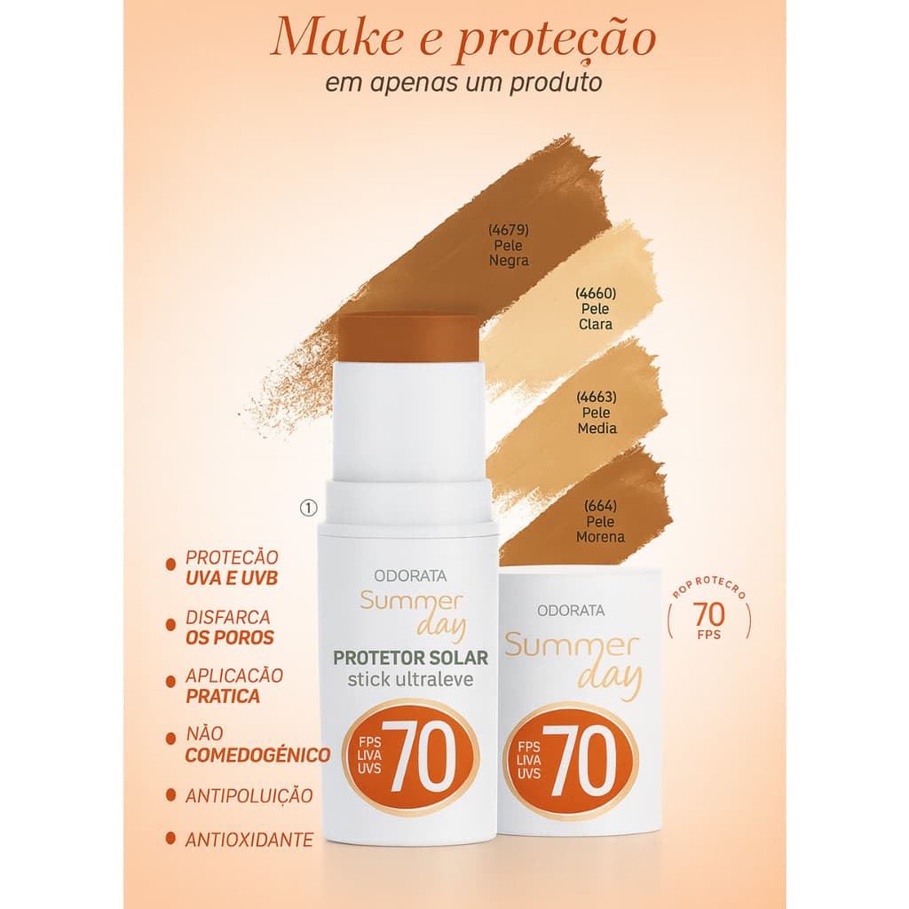 Protetor Solar Stick Com Cor Ultraleve FPS 70 Com Proteção UVA/UVB Odorata 7,5g